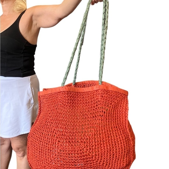 Orange Jumbo Straw Tote Bag Woven Straw Errands 16x16x4.5” Handle Drop 15 - Picture 7 of 8